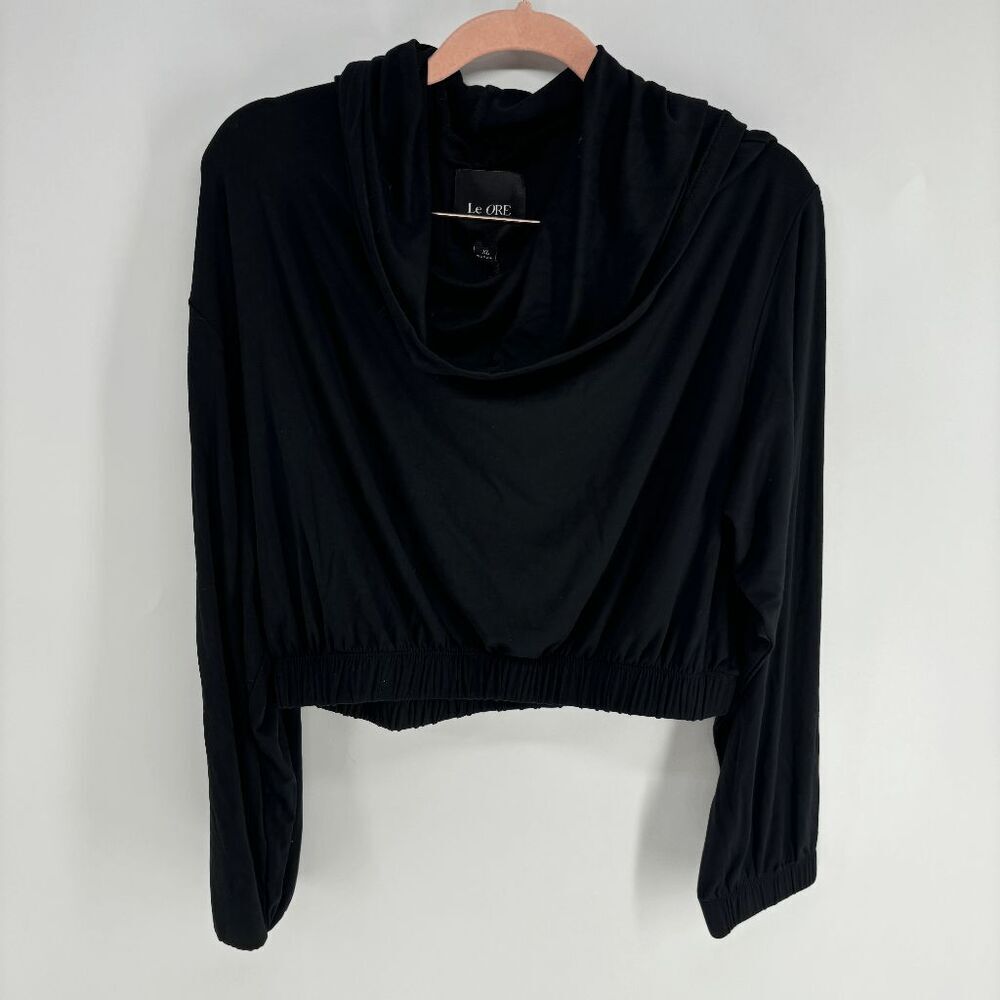 Le ORE Women's Black New Cropped Cowl Silky Yoga Hoodie Sweatshirt X-Large